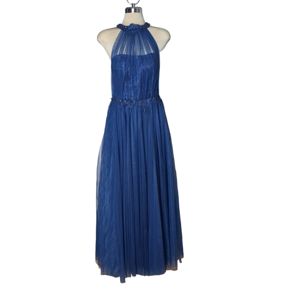 Luxury Designer Blue Beaded Embroidery Illusion Halter \ Ball Gown Blue Size S - Picture 15 of 16